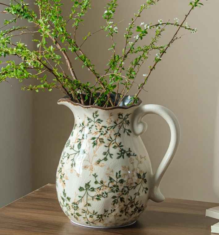 Vintage Watering Can Vase with Ice Crack Glaze, Green Vines, and Scalloped Rim
