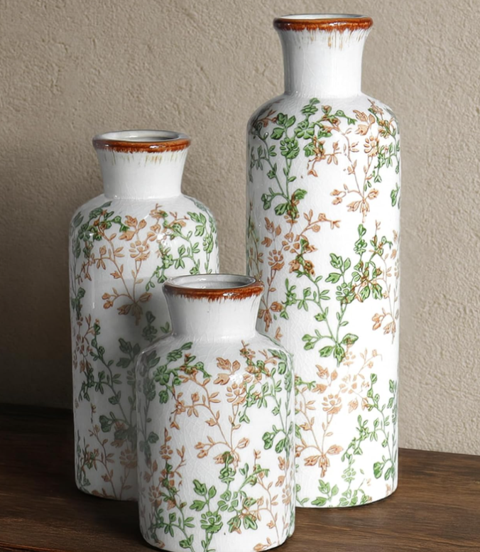 Vintage Green Vine & Floral Ceramic Vase Set (3 Piece Straight Sided Set)